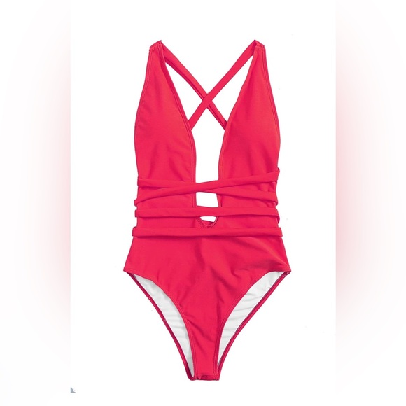 One piece deep plunging V neck swimsuit in hot pink size medium - worn once! - Picture 1 of 9
